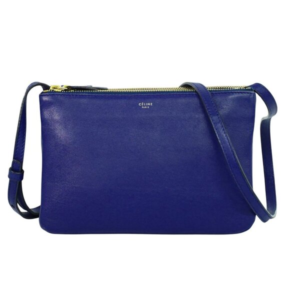 CELINE Trio Small Leather Crossbody Bag Blue Gold - Picture 1 of 10